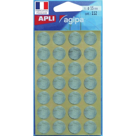 Agipa étiquettes ronds en pochette diamètre 15 mm, argent, 112 pièces, 28 par feuille