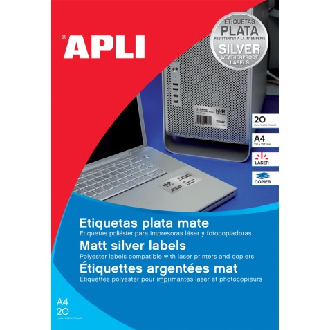 Apli Etiquettes argentées ft 210 x 297 mm (l x h), 20 pièces, 1 par feuille