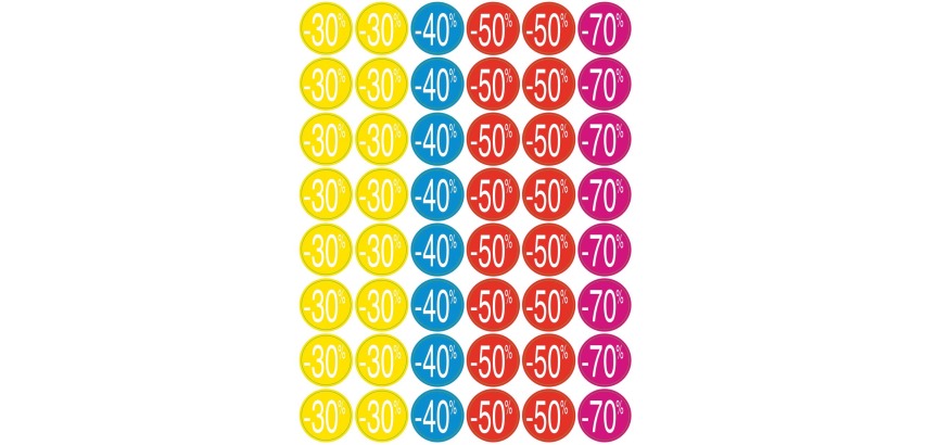 Apli labels discounts from -30% to -70%, assorted colors