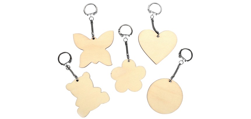 Graine Créative Porte-clés en bois, différentes formes, diamètre 55 mm, sachet de 10 pièces