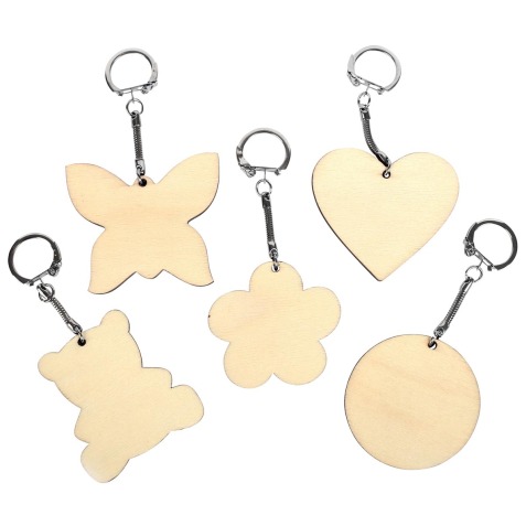 Graine Créative Porte-clés en bois, différentes formes, diamètre 55 mm, sachet de 10 pièces