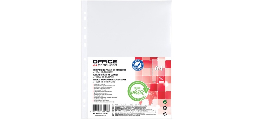 OFFICE products pochette perforée, A4, 30 microns, grainée, paquet de 100 pièces
