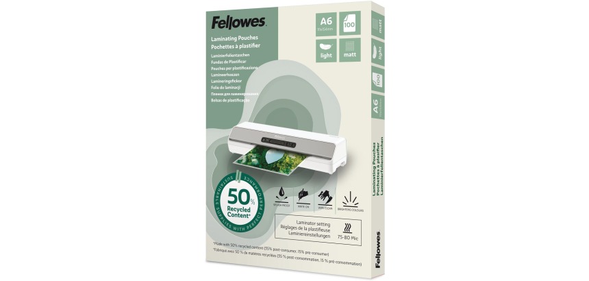 Fellowes lamineerhoes 50 % gerecycleerd, mat, ft A6, pak van 100 stuks