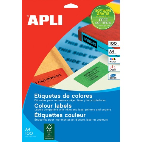 Apli Etiquettes colorées ft 210 x 297 mm (l x h), rouge, 100 pièces, 1 par feuille