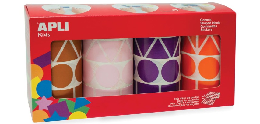 Apli Kids stickers XL, doos met 4 rollen in 4 kleuren en 4 vormen (bruin, roze, paars en oranje)