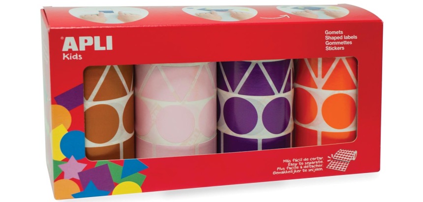 Apli Kids gommettes XL, 4 rouleaux, formes et couleurs assorties (brun, rose, violet et orange)