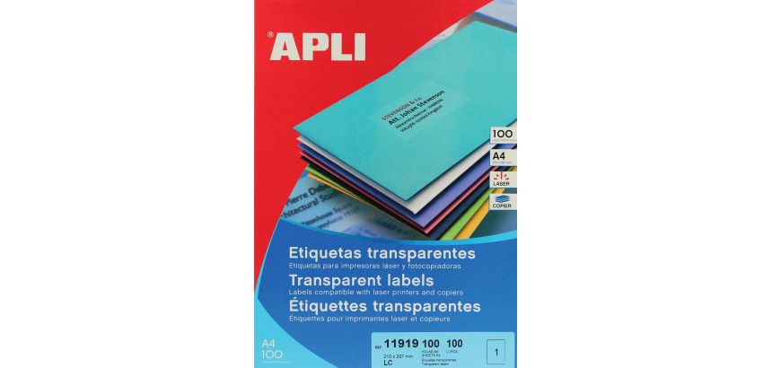 Apli Transparente Etiketten ft 210 x 297 mm (B x H), 100 Stück, 1 pro Blatt, Packung mit 100 Blatt