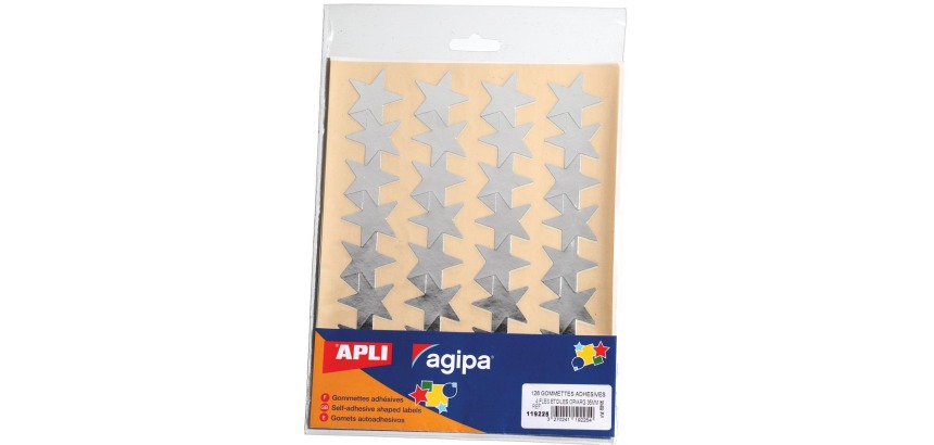 Agipa gommettes métalliques, pochette de 128 pièces, or et argent, étoile 35 mm
