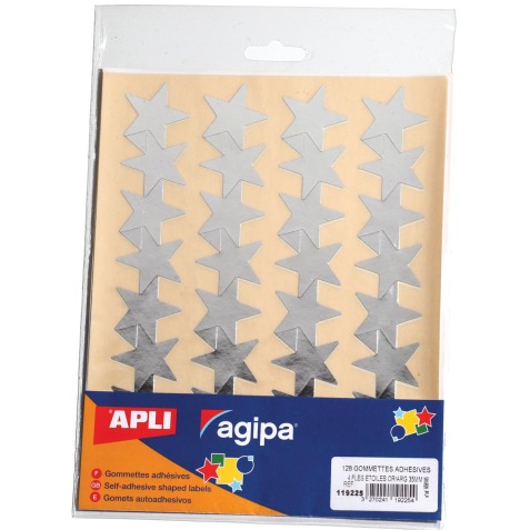 Agipa gommettes métalliques, pochette de 128 pièces, or et argent, étoile 35 mm