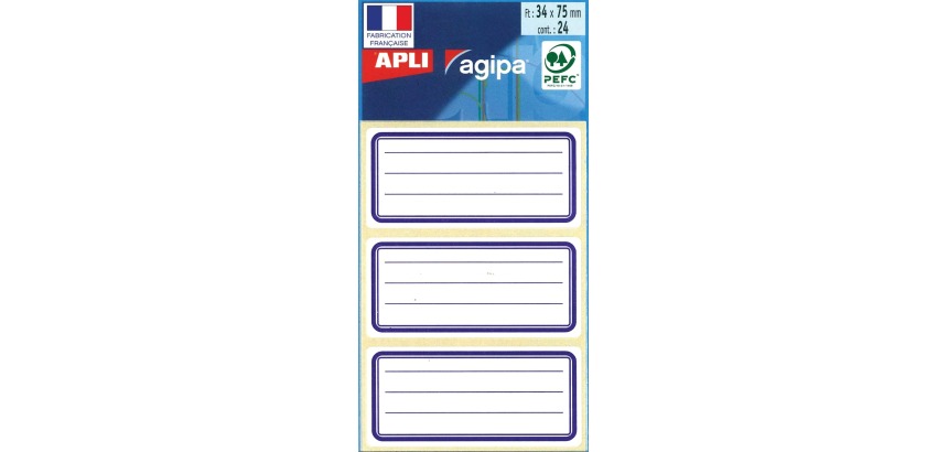 Agipa étiquettes écoliers ft 75 x 34 mm (l x h), 24 étiquettes par étui, bord bleu, ligné
