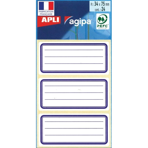 Agipa étiquettes écoliers ft 75 x 34 mm (l x h), 24 étiquettes par étui, bord bleu, ligné