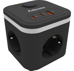 Fellowes douille Power Cube, 3 prises + 1 x USB-A + 2 x USB-C, noir, pour les Pays-Bas