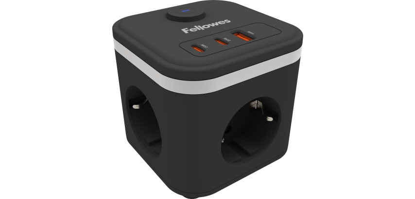 Fellowes Power Cube Socket, 3 outlets + 1 x USB-A + 2 x USB-C, black, for the Netherlands