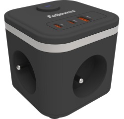 Fellowes douille Power Cube, 3 prises + 1 x USB-A + 2 x USB-C, noir, pour la Belgique