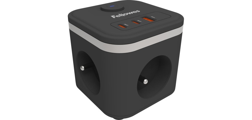 Fellowes Power Cube Steckdosenleiste, 3 Steckdosen + 1 x USB-A + 2 x USB-C, schwarz, für Belgien