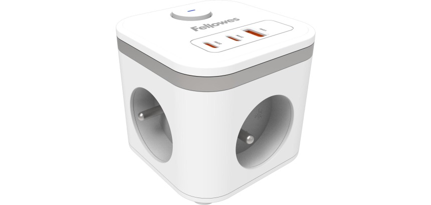 Fellowes douille Power Cube, 3 prises + 1 x USB-A + 2 x USB-C, blanc, pour la Belgique