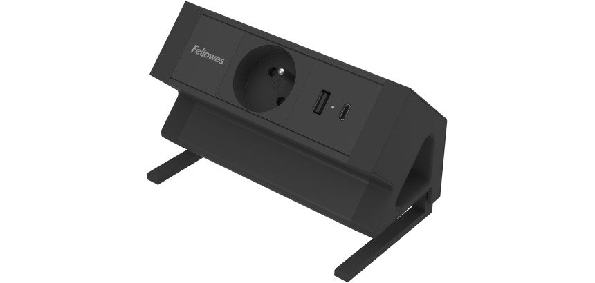 Fellowes Power Desk-Steckdose, 1 Steckdose + 1 x USB-A + 1 x USB-C, schwarz, für Belgien