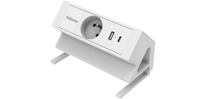 Fellowes Power Desk-Steckdose, 1 Steckdose + 1 x USB-A + 1 x USB-C, weiß, für Belgien