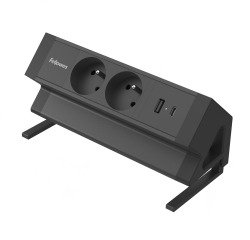 Fellowes douille Power Desk 2, 2 prises + 1 x USB-A + 1 x USB-C, noir, pour la Belgique