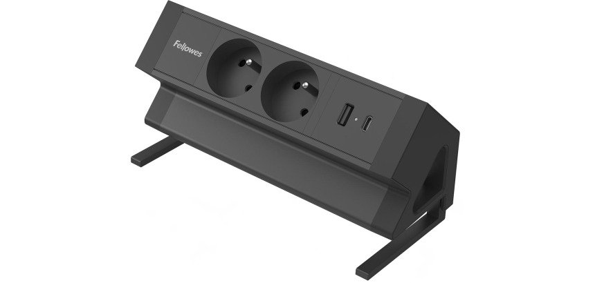 Fellowes douille Power Desk 2, 2 prises + 1 x USB-A + 1 x USB-C, noir, pour la Belgique