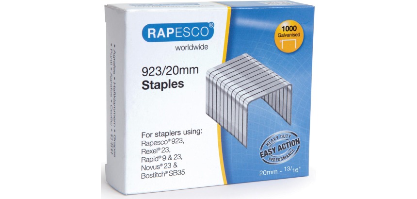 Rapesco agrafes galvanisées 923/20 mm (type 23), boîte de 1000 agrafes