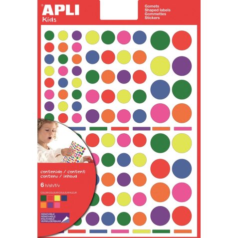 Apli Kids verwijderbare stickers, cirkel, blister met 624 stuks in geassorteerde kleuren en groottes