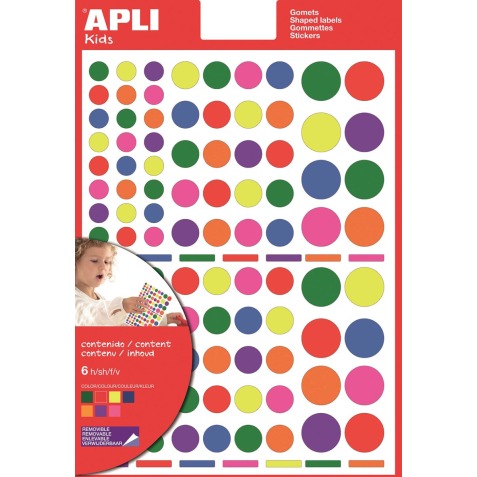 Apli Kids gommettes enlevables, cercle, blister de 624 pièces en couleurs et formats assortis