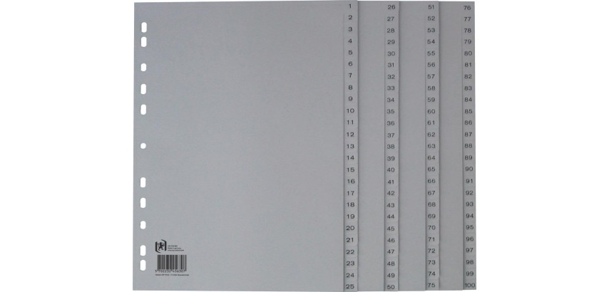 Oxford intercalaires, A4, en PP, 11 trous, 100 onglets numérotés, gris