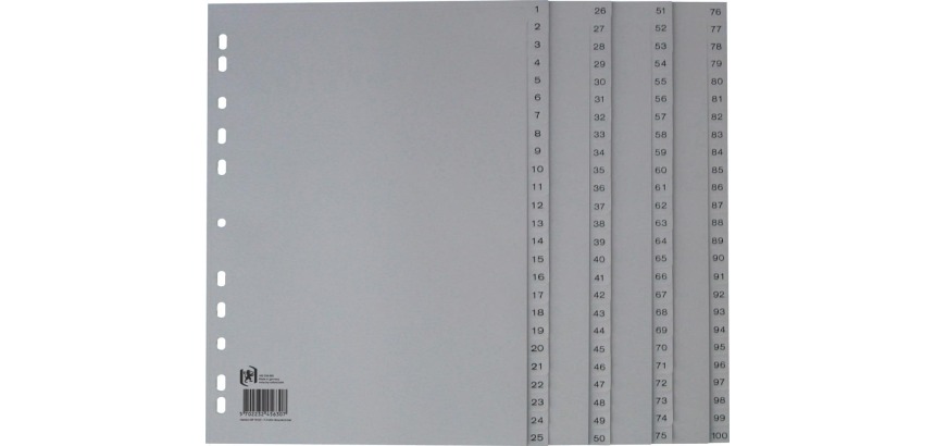 Oxford intercalaires, A4, en PP, 11 trous, 100 onglets numérotés, gris