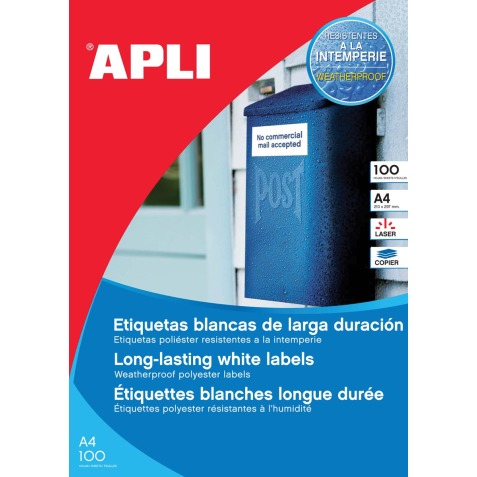 Apli Weerbestendige etiketten ft 210 x 297 mm (b x h), 100 stuks, 1 per blad, doos van 100 blad