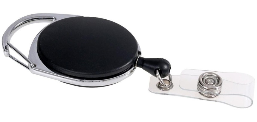 Europel reel with carabiner and snap button strap, black