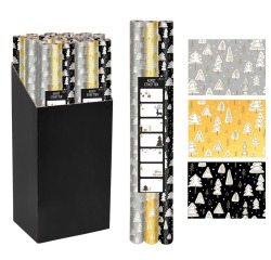 Papier cadeau Noël, 70 cm x 2 m, noir, or, argent, paquet de 3 pièces