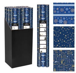 Papier cadeau Noël, 70 cm x 2 m, bleu, paquet de 3 pièces