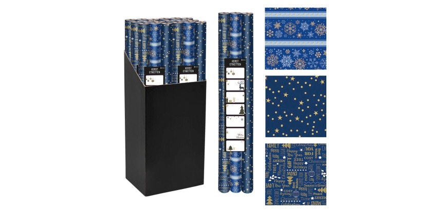 Papier cadeau Noël, 70 cm x 2 m, bleu, paquet de 3 pièces