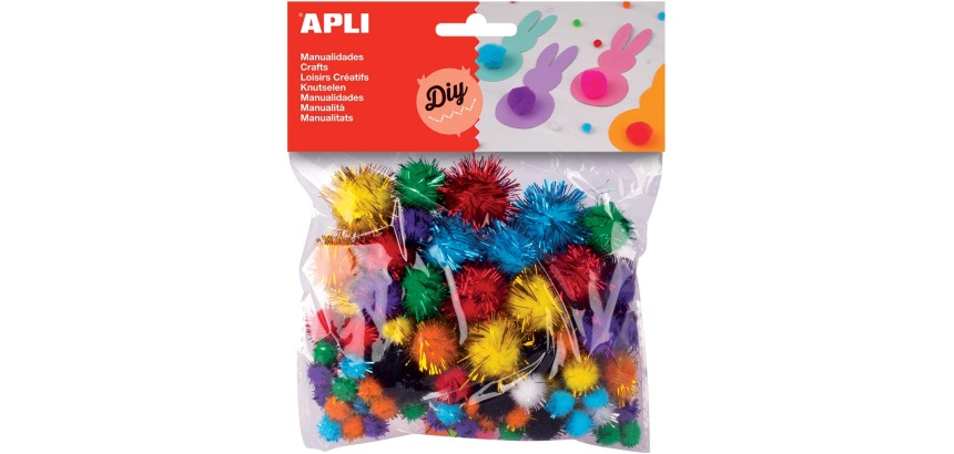 Apli pompons, sachet de 78 pièces en couleurs assorties pailletées