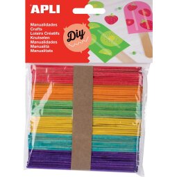 Apli gekleurde houten sticks, blister met 50 stuks