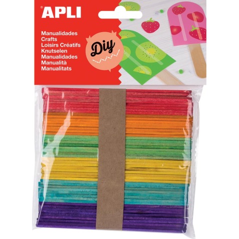 Apli gekleurde houten sticks, blister met 50 stuks