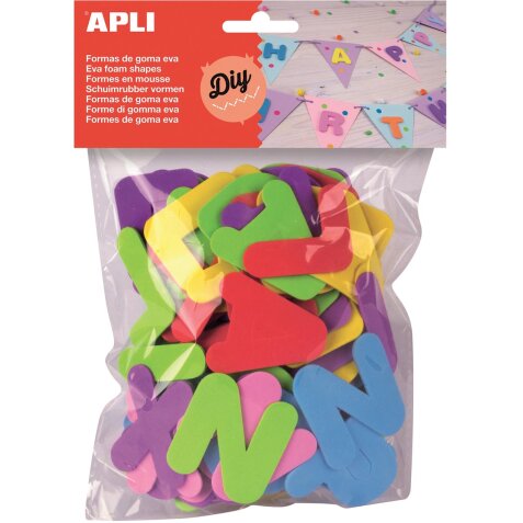 Apli Kids lettres en mousse caoutchouc, blister de 104 pièces en couleurs assorties