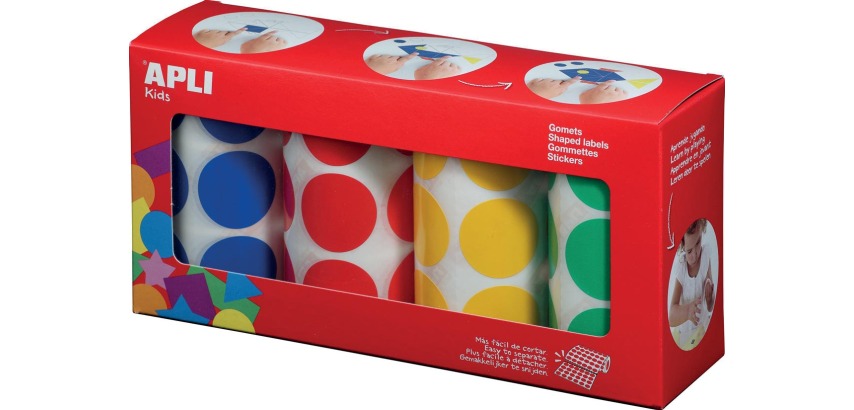 Apli Kids XL stickers, 33 mm diameter, box with 4 rolls in 4 colors