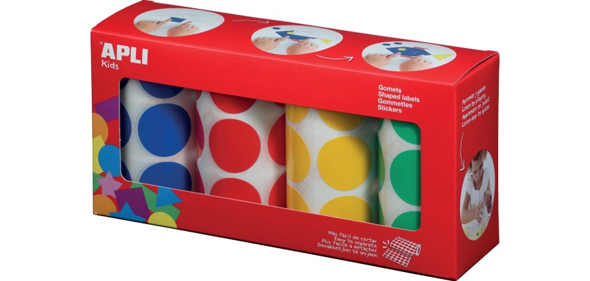 Apli Kids stickers XL cirkels, diameter 33 mm, doos met 4 rollen in 4 kleuren