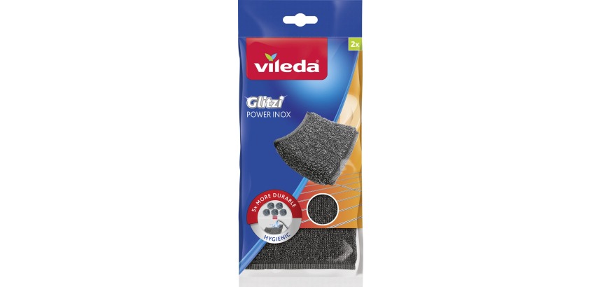 Vileda Glitzi Power Inox éponge abrasif en inox, ft 10 x 10 x 1,2 cm, paquet de 2 pièces