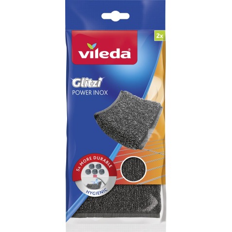 Vileda Glitzi Power Inox éponge abrasif en inox, ft 10 x 10 x 1,2 cm, paquet de 2 pièces