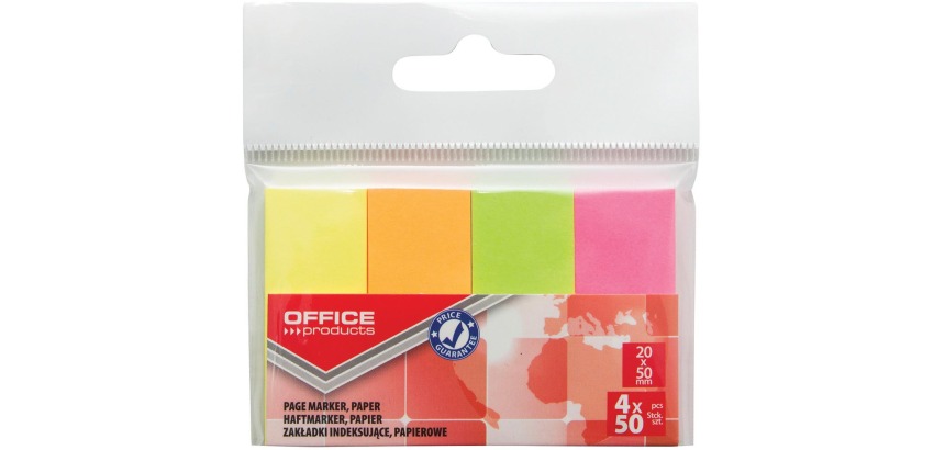 OFFICE products index, 20 x 50 mm, sachet suspendu de 4 x 50 pièces, couleurs néon assorties