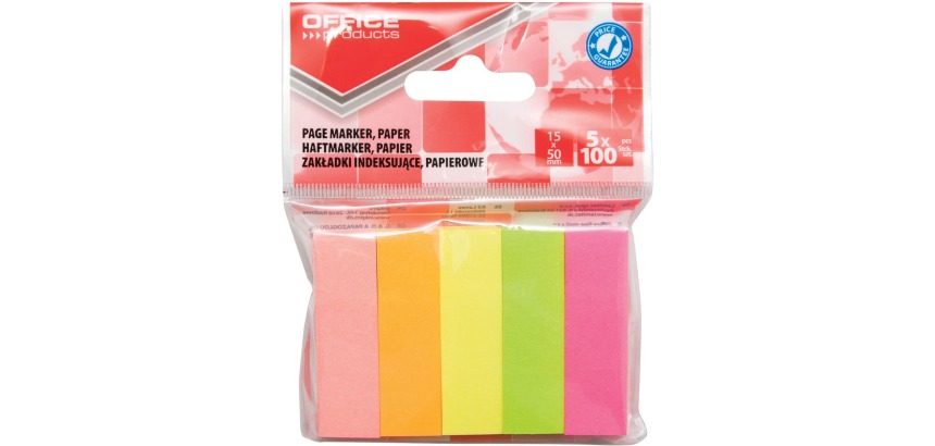 OFFICE products index, 15 x 50  mm, sachet suspendu de 5 x 100 pièces, couleurs assorties