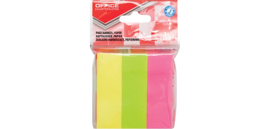 OFFICE products index, 26 x 76 mm, sachet suspendu de 3 x 100 pièces, couleurs assorties