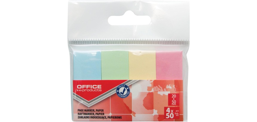 OFFICE products index, 20 x 50 mm, sachet suspendu de 4 x 50 pièces, couleurs pastel assorties