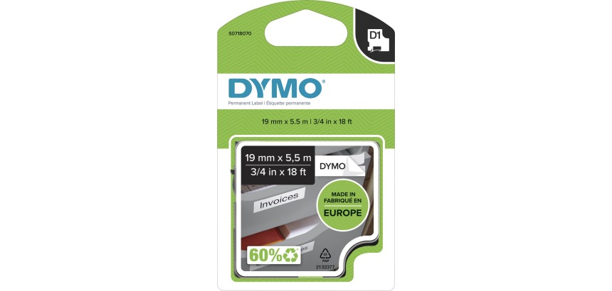 DYMO D1 High-Performance Permanent Polyester Labels | 19 mm x 5.5m Roll | Black Print on White | Self-Adhesive Labels for LabelManager Label Printers | Authentic
