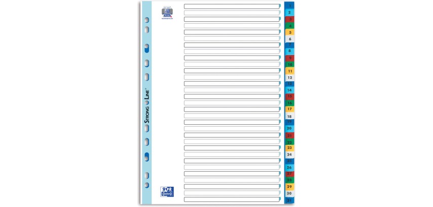 OXFORD tabbladen, formaat A4, uit PP, 11-gaatsperforatie, gekleurde tabs, set 1-31