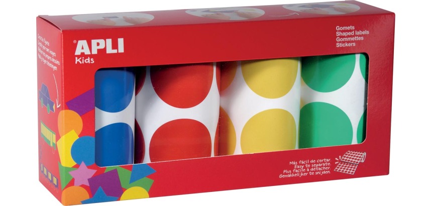 Apli Kids gommettes XL, diamètre 45 mm, boîte avec 4 rouleaux en 4 couleurs