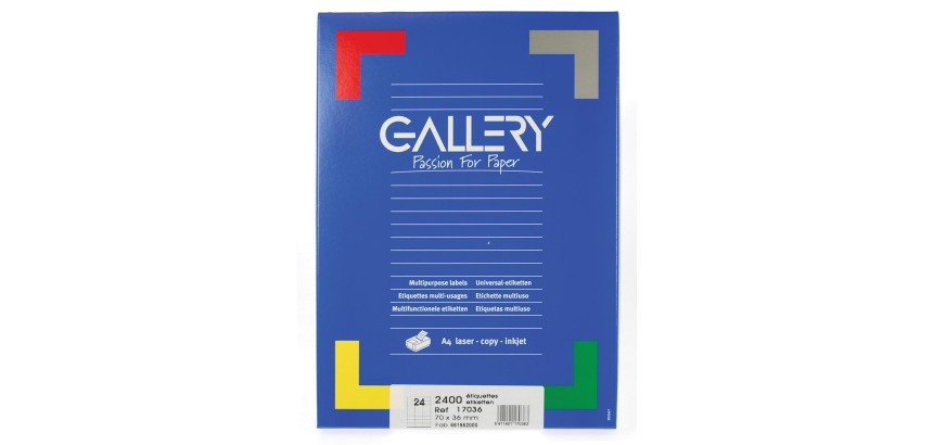White gallery labels, ft 70 x 36 mm (w x h), square corners, 24 per sheet